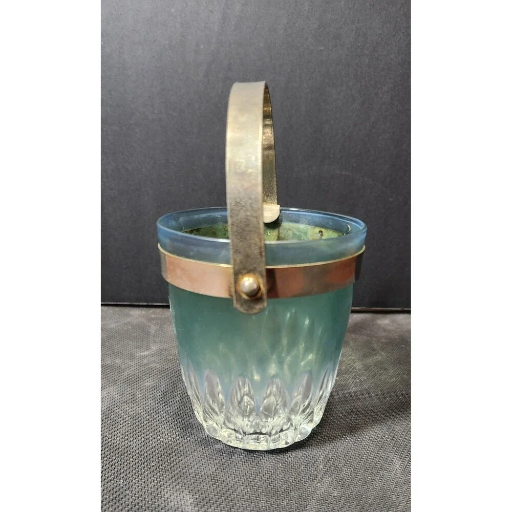 Blue and Clear Glass Ice Bucket with Metal Handle, Round Shape, 4.5